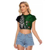 New Zealand and South Africa Rugby Custom Raglan Cropped T Shirt Maori Tiki Fern Springboks Kente Pattern LT14 Female Green - Polynesian Pride