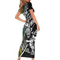 New Zealand and South Africa Rugby Custom Short Sleeve Bodycon Dress Maori Tiki Fern Springboks Kente Pattern LT14 - Polynesian Pride
