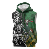 New Zealand and South Africa Rugby Custom Sleeveless Zip Hoodie Maori Tiki Fern Springboks Kente Pattern LT14 Green - Polynesian Pride