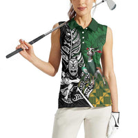 New Zealand and South Africa Rugby Custom Women Sleeveless Polo Shirt Maori Tiki Fern Springboks Kente Pattern LT14 - Polynesian Pride