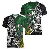 New Zealand and South Africa Rugby Custom Women V-Neck T-Shirt Maori Tiki Fern Springboks Kente Pattern LT14 - Polynesian Pride