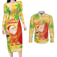 Aloha Hawaii Christmas Couples Matching Long Sleeve Bodycon Dress and Long Sleeve Button Shirt Mele Kalikimaka Funny Santa Palaka Quilt Motifs LT14 Yellow - Polynesian Pride