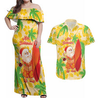 Aloha Hawaii Christmas Couples Matching Off Shoulder Maxi Dress and Hawaiian Shirt Mele Kalikimaka Funny Santa Palaka Quilt Motifs LT14 Yellow - Polynesian Pride