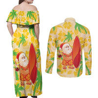 Aloha Hawaii Christmas Couples Matching Off Shoulder Maxi Dress and Long Sleeve Button Shirt Mele Kalikimaka Funny Santa Palaka Quilt Motifs LT14 - Polynesian Pride