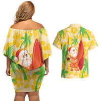 Aloha Hawaii Christmas Couples Matching Off Shoulder Short Dress and Hawaiian Shirt Mele Kalikimaka Funny Santa Palaka Quilt Motifs LT14 - Polynesian Pride