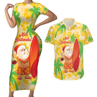 Aloha Hawaii Christmas Couples Matching Short Sleeve Bodycon Dress and Hawaiian Shirt Mele Kalikimaka Funny Santa Palaka Quilt Motifs LT14 Yellow - Polynesian Pride