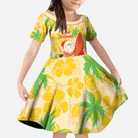 Aloha Hawaii Christmas Family Matching Off The Shoulder Long Sleeve Dress and Hawaiian Shirt Mele Kalikimaka Funny Santa Palaka Quilt Motifs LT14 Daughter's Dress Yellow - Polynesian Pride