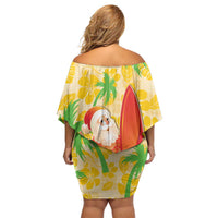 Aloha Hawaii Christmas Off Shoulder Short Dress Mele Kalikimaka Funny Santa Palaka Quilt Motifs - Polynesian Pride