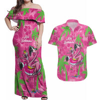 Aloha Hawaii Christmas Couples Matching Off Shoulder Maxi Dress and Hawaiian Shirt Mele Kalikimaka Chill Flamingo Palaka Quilt Motifs LT14 Pink - Polynesian Pride