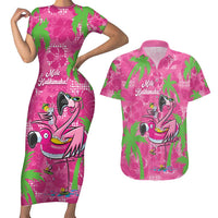 Aloha Hawaii Christmas Couples Matching Short Sleeve Bodycon Dress and Hawaiian Shirt Mele Kalikimaka Chill Flamingo Palaka Quilt Motifs LT14 Pink - Polynesian Pride