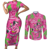 Aloha Hawaii Christmas Couples Matching Short Sleeve Bodycon Dress and Long Sleeve Button Shirt Mele Kalikimaka Chill Flamingo Palaka Quilt Motifs LT14 Pink - Polynesian Pride