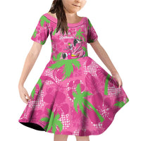 Aloha Hawaii Christmas Family Matching Off Shoulder Short Dress and Hawaiian Shirt Mele Kalikimaka Chill Flamingo Palaka Quilt Motifs LT14 Daughter's Dress Pink - Polynesian Pride