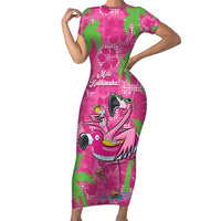 Aloha Hawaii Christmas Family Matching Short Sleeve Bodycon Dress and Hawaiian Shirt Mele Kalikimaka Chill Flamingo Palaka Quilt Motifs LT14 Mom's Dress Pink - Polynesian Pride
