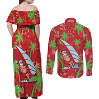 Aloha Hawaii Christmas Couples Matching Off Shoulder Maxi Dress and Long Sleeve Button Shirt Mele Kalikimaka Windsurfing Santa Palaka Quilt Motifs LT14 - Polynesian Pride