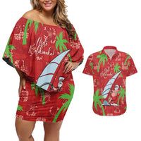 Aloha Hawaii Christmas Couples Matching Off Shoulder Short Dress and Hawaiian Shirt Mele Kalikimaka Windsurfing Santa Palaka Quilt Motifs LT14 Red - Polynesian Pride