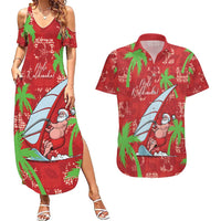 Aloha Hawaii Christmas Couples Matching Summer Maxi Dress and Hawaiian Shirt Mele Kalikimaka Windsurfing Santa Palaka Quilt Motifs LT14 Red - Polynesian Pride
