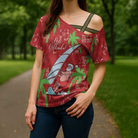 Aloha Hawaii Christmas Cross Shoulder Shirt Mele Kalikimaka Windsurfing Santa Palaka Quilt Motifs - Polynesian Pride