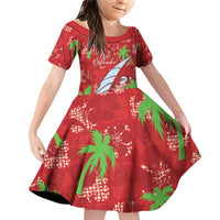 Aloha Hawaii Christmas Family Matching Off Shoulder Short Dress and Hawaiian Shirt Mele Kalikimaka Windsurfing Santa Palaka Quilt Motifs LT14 Daughter's Dress Red - Polynesian Pride
