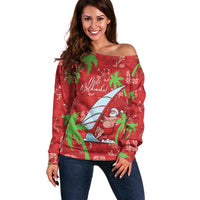 Aloha Hawaii Christmas Off Shoulder Sweater Mele Kalikimaka Windsurfing Santa Palaka Quilt Motifs - Polynesian Pride