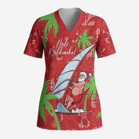 Aloha Hawaii Christmas Scrub Top Mele Kalikimaka Windsurfing Santa Palaka Quilt Motifs - Polynesian Pride