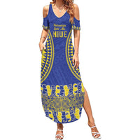 Fakaalofa Lahi Atu Niue Family Matching Summer Maxi Dress and Hawaiian Shirt Siapo Pattern With Puakenikeni LT14 Mom's Dress Blue - Polynesian Pride