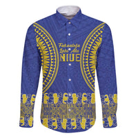 Fakaalofa Lahi Atu Niue Family Matching Tank Maxi Dress and Hawaiian Shirt Siapo Pattern With Puakenikeni LT14 Dad's Shirt - Long Sleeve Blue - Polynesian Pride
