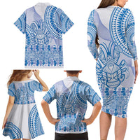 Niue Language Week Family Matching Long Sleeve Bodycon Dress and Hawaiian Shirt The Rock Coconut Crab - Siapo Blue Pastel LT14 - Polynesian Pride