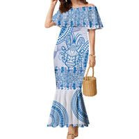 Niue Language Week Family Matching Mermaid Dress and Hawaiian Shirt The Rock Coconut Crab - Siapo Blue Pastel LT14 Mom's Dress Blue - Polynesian Pride