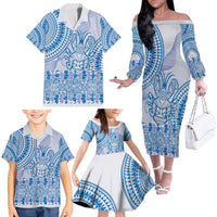 Niue Language Week Family Matching Off The Shoulder Long Sleeve Dress and Hawaiian Shirt The Rock Coconut Crab - Siapo Blue Pastel LT14 - Polynesian Pride
