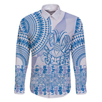 Niue Language Week Family Matching Off The Shoulder Long Sleeve Dress and Hawaiian Shirt The Rock Coconut Crab - Siapo Blue Pastel LT14 Dad's Shirt - Long Sleeve Blue - Polynesian Pride