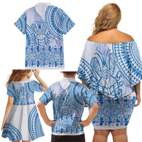 Niue Language Week Family Matching Off Shoulder Short Dress and Hawaiian Shirt The Rock Coconut Crab - Siapo Blue Pastel LT14 - Polynesian Pride
