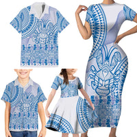 Niue Language Week Family Matching Short Sleeve Bodycon Dress and Hawaiian Shirt The Rock Coconut Crab - Siapo Blue Pastel LT14 - Polynesian Pride