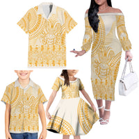 Niue Language Week Family Matching Off The Shoulder Long Sleeve Dress and Hawaiian Shirt The Rock Coconut Crab - Siapo Gold Pastel LT14 - Polynesian Pride