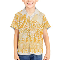 Niue Language Week Family Matching Off The Shoulder Long Sleeve Dress and Hawaiian Shirt The Rock Coconut Crab - Siapo Gold Pastel LT14 Son's Shirt Gold - Polynesian Pride