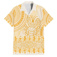 Niue Language Week Family Matching Puletasi and Hawaiian Shirt The Rock Coconut Crab - Siapo Gold Pastel LT14 Dad's Shirt - Short Sleeve Gold - Polynesian Pride