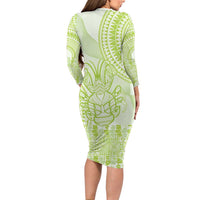 Lime Green Niue Language Week Family Matching Long Sleeve Bodycon Dress and Hawaiian Shirt The Rock Coconut Crab - Siapo Pattern LT14 - Polynesian Pride