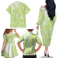 Lime Green Niue Language Week Family Matching Off The Shoulder Long Sleeve Dress and Hawaiian Shirt The Rock Coconut Crab - Siapo Pattern LT14 - Polynesian Pride