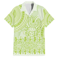 Lime Green Niue Language Week Family Matching Off The Shoulder Long Sleeve Dress and Hawaiian Shirt The Rock Coconut Crab - Siapo Pattern LT14 Dad's Shirt - Short Sleeve Lime Green - Polynesian Pride