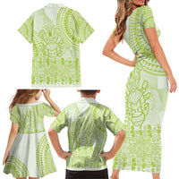 Lime Green Niue Language Week Family Matching Short Sleeve Bodycon Dress and Hawaiian Shirt The Rock Coconut Crab - Siapo Pattern LT14 - Polynesian Pride