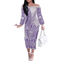 Purple Niue Language Week Family Matching Off The Shoulder Long Sleeve Dress and Hawaiian Shirt The Rock Coconut Crab - Siapo Pattern LT14 Mom's Dress Purple - Polynesian Pride
