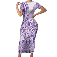 Purple Niue Language Week Family Matching Short Sleeve Bodycon Dress and Hawaiian Shirt The Rock Coconut Crab - Siapo Pattern LT14 Mom's Dress Purple - Polynesian Pride