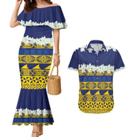 Tokelau Language Week Couples Matching Mermaid Dress and Hawaiian Shirt Tokelauan Tuluma With Gardenia Thunbergia LT14 Blue - Polynesian Pride