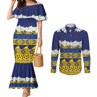 Tokelau Language Week Couples Matching Mermaid Dress and Long Sleeve Button Shirt Tokelauan Tuluma With Gardenia Thunbergia LT14 Blue - Polynesian Pride