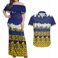 Tokelau Language Week Couples Matching Off Shoulder Maxi Dress and Hawaiian Shirt Tokelauan Tuluma With Gardenia Thunbergia LT14 Blue - Polynesian Pride