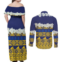 Tokelau Language Week Couples Matching Off Shoulder Maxi Dress and Long Sleeve Button Shirt Tokelauan Tuluma With Gardenia Thunbergia LT14 - Polynesian Pride