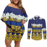 Tokelau Language Week Couples Matching Off Shoulder Short Dress and Long Sleeve Button Shirt Tokelauan Tuluma With Gardenia Thunbergia LT14 Blue - Polynesian Pride