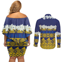 Tokelau Language Week Couples Matching Off Shoulder Short Dress and Long Sleeve Button Shirt Tokelauan Tuluma With Gardenia Thunbergia LT14 - Polynesian Pride