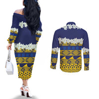 Tokelau Language Week Couples Matching Off The Shoulder Long Sleeve Dress and Long Sleeve Button Shirt Tokelauan Tuluma With Gardenia Thunbergia LT14 - Polynesian Pride