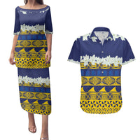 Tokelau Language Week Couples Matching Puletasi and Hawaiian Shirt Tokelauan Tuluma With Gardenia Thunbergia LT14 Blue - Polynesian Pride