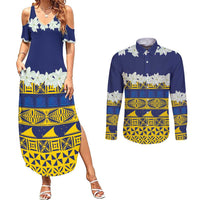Tokelau Language Week Couples Matching Summer Maxi Dress and Long Sleeve Button Shirt Tokelauan Tuluma With Gardenia Thunbergia LT14 Blue - Polynesian Pride